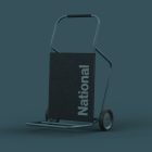Hand truck mockup with a minimalist design featuring a black textured panel with the text National helpful for graphic designers creating realistic product presentations