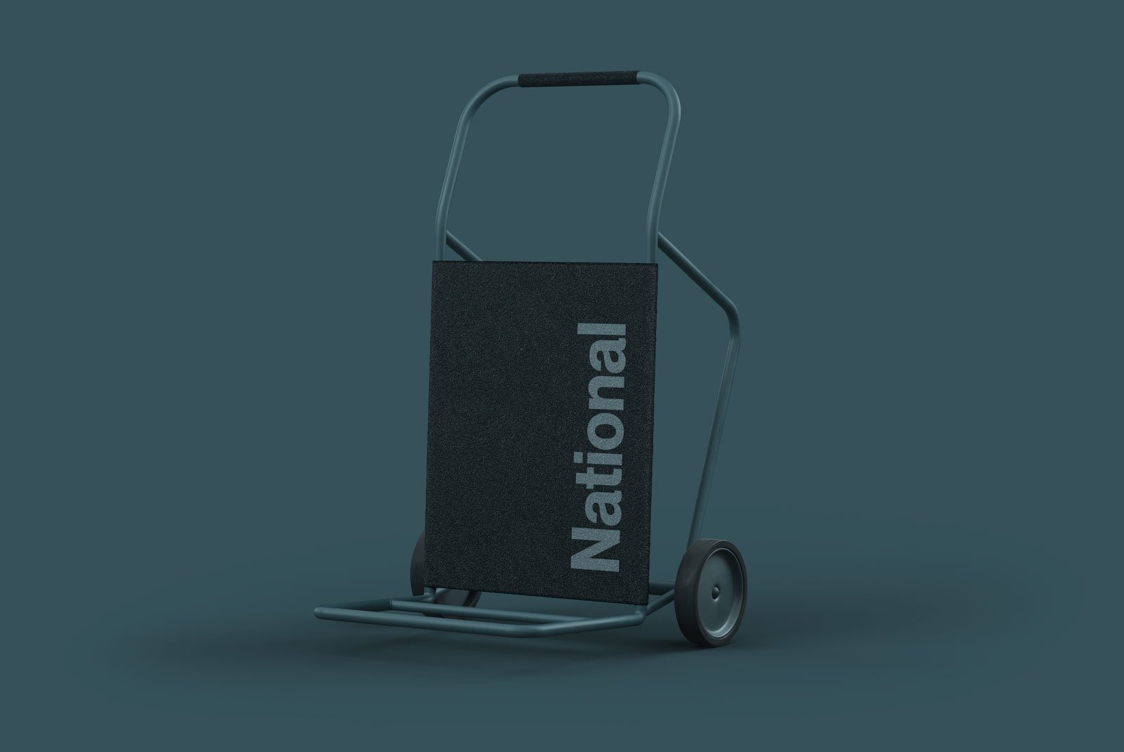 Hand truck mockup with a minimalist design featuring a black textured panel with the text National helpful for graphic designers creating realistic product presentations