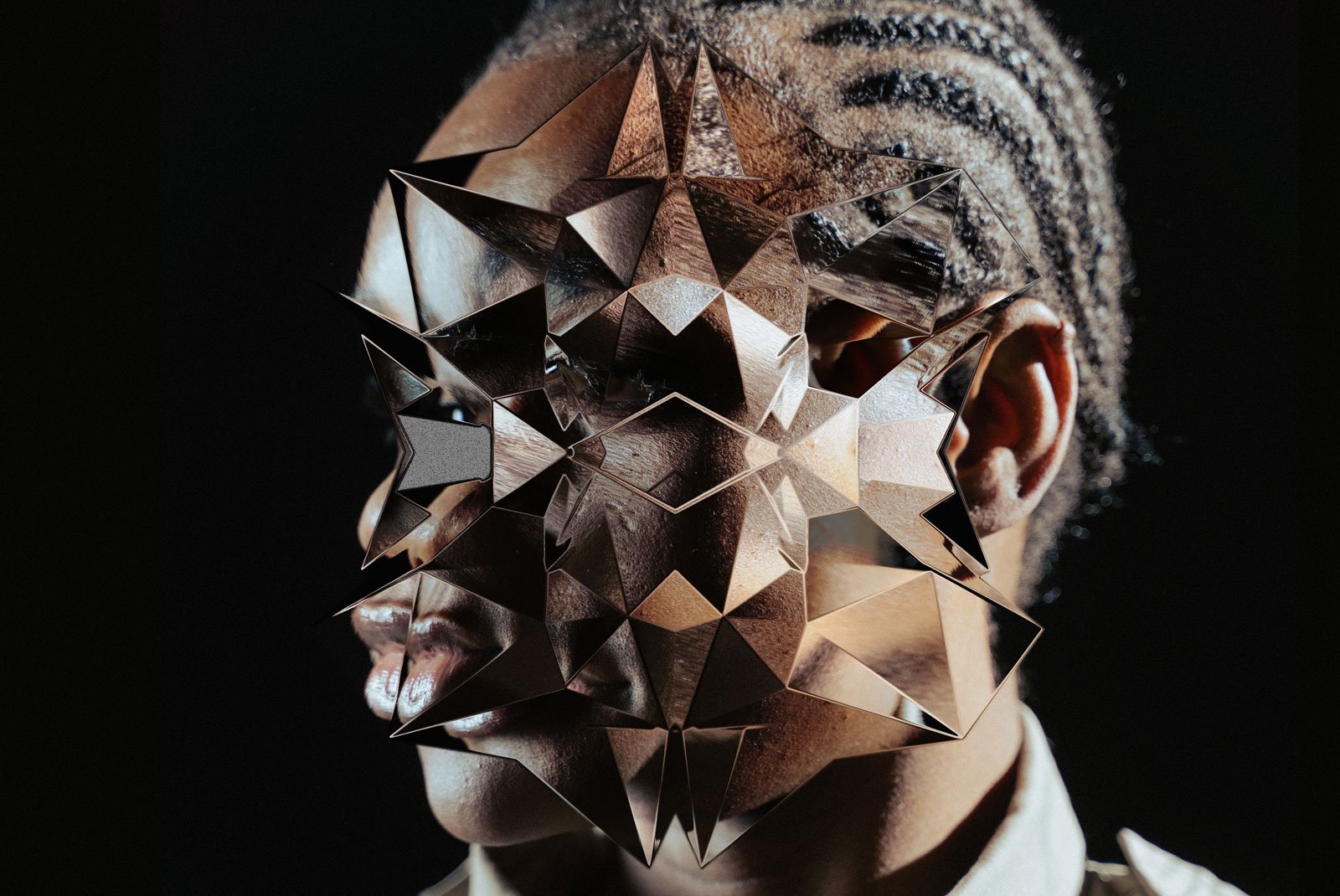 Futuristic graphic design of a fragmented human face with geometric elements photoshop effects digital art perfect for tech and graphics mockup inspiration