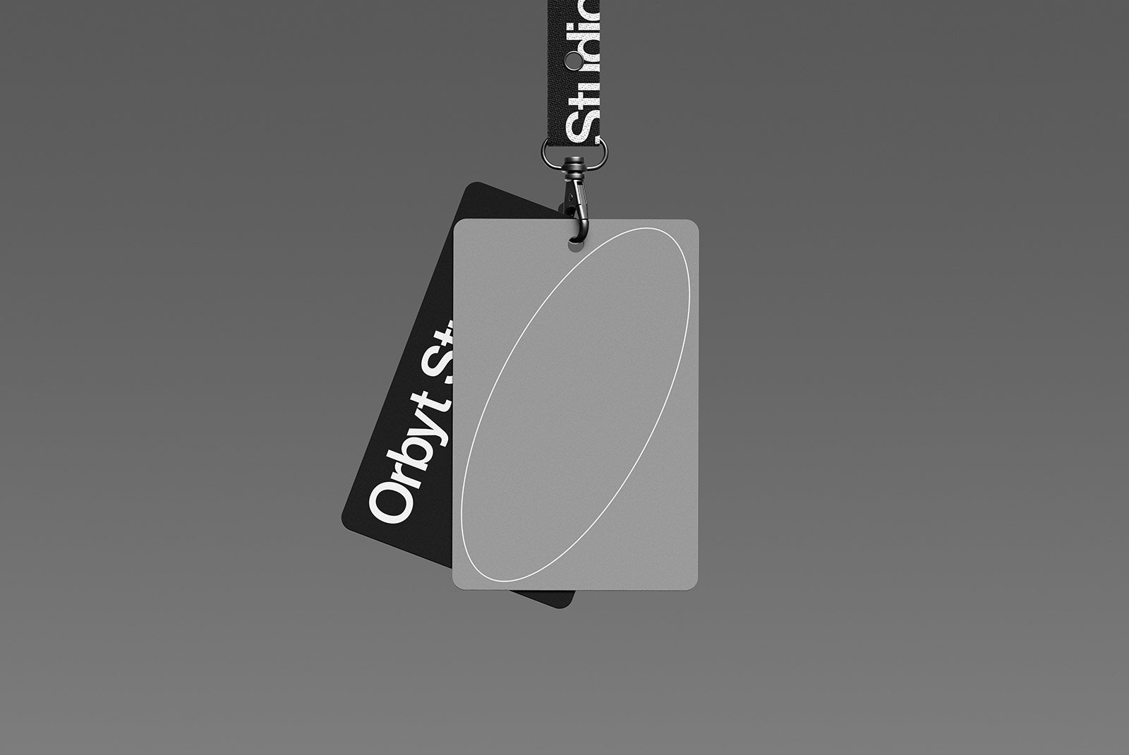 Gray and black lanyard name tag mockup with abstract design isolated on a plain background. Ideal for graphic designers looking for print mockups and branding templates.