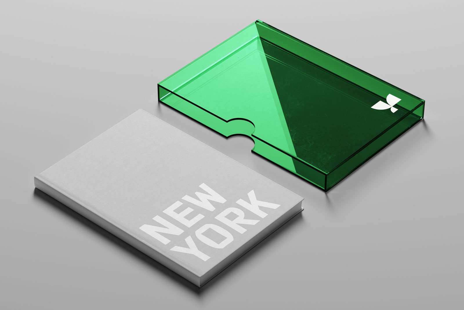 Mockup of a gray book titled New York with a green transparent plastic case. Ideal for packaging mockups. Sleek and modern design.