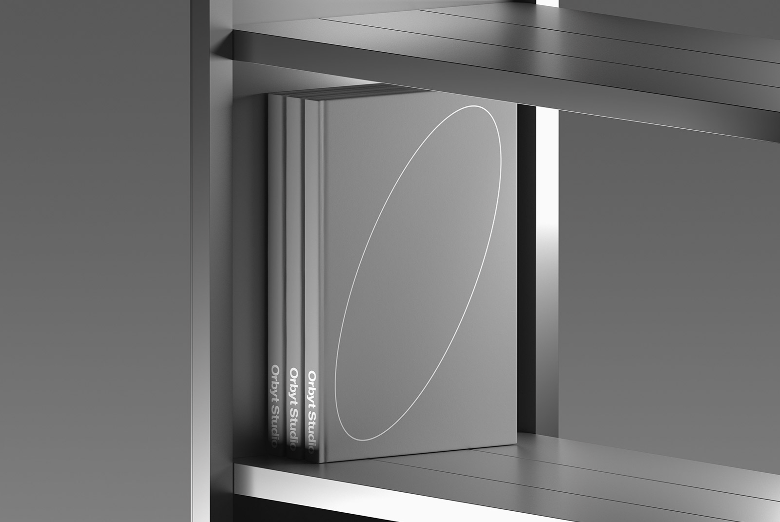 Bookshelf with silver books arranged vertically in a modern design. Useful for print mockups and packaging mockups. Ideal for graphic designers and artists.
