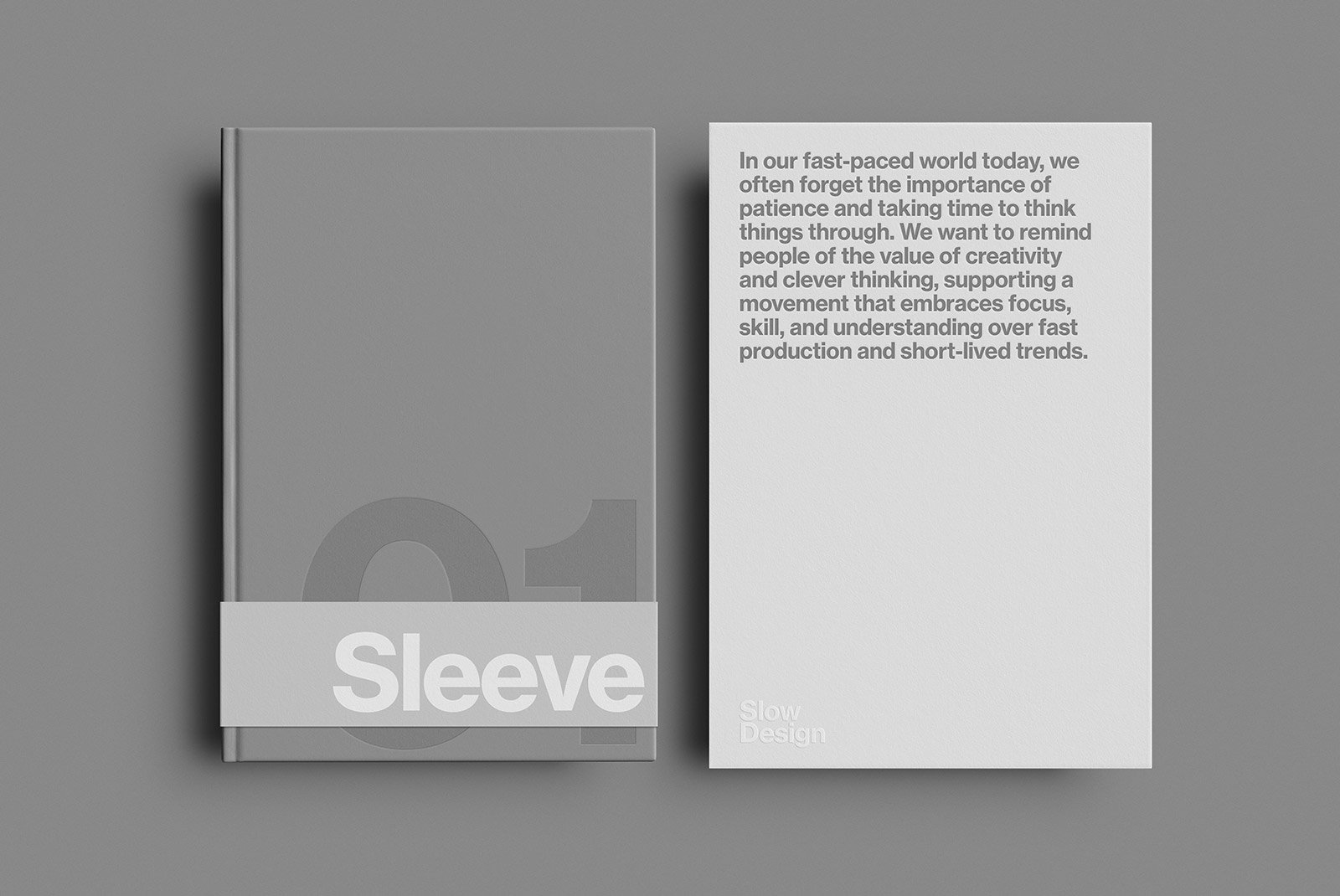 Gray hardcover book and white card side-by-side, featuring understated modern fonts and minimalistic design, ideal for print graphics and mockup presentations.