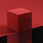 Red box packaging mockup with large black text on a reflective surface. Perfect for showcasing product packaging designs for graphic designers and branding.