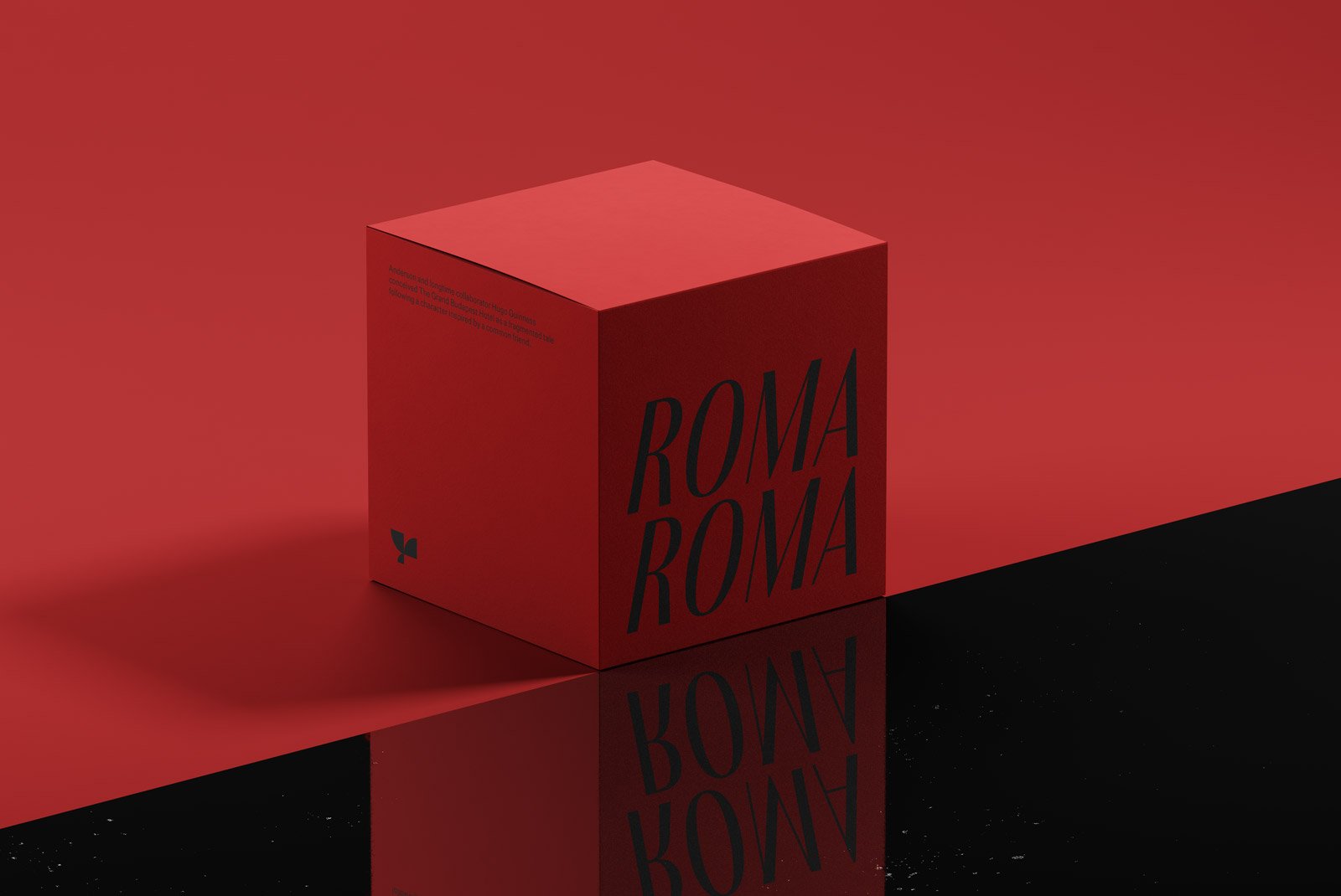 Red box packaging mockup with large black text on a reflective surface. Perfect for showcasing product packaging designs for graphic designers and branding.