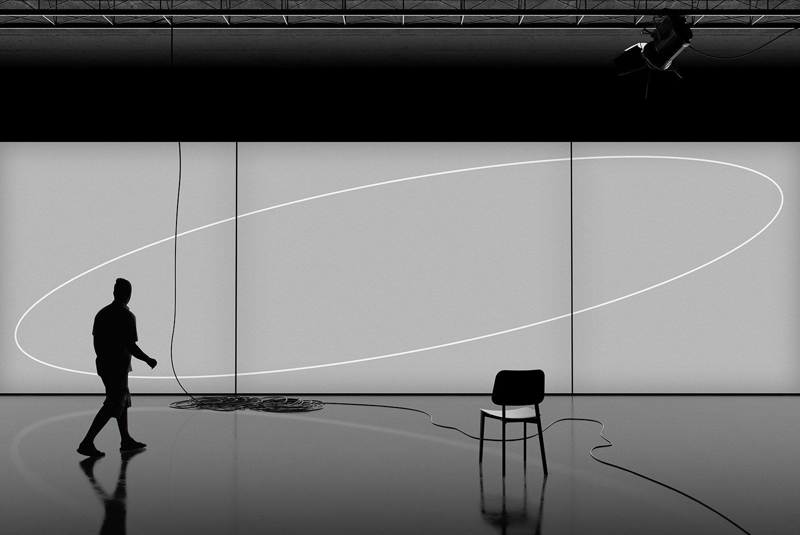 Silhouette of a person walking in a modern studio with a chair cable and abstract lighting in the background suitable for tech mockups and graphic designs.