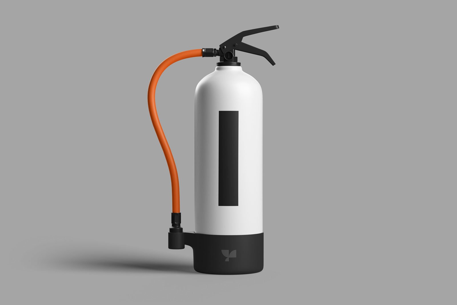 Fire extinguisher packaging mockup on a gray background perfect for graphic designers includes orange hose showcasing clean modern design SEO keywords packaging mockup.