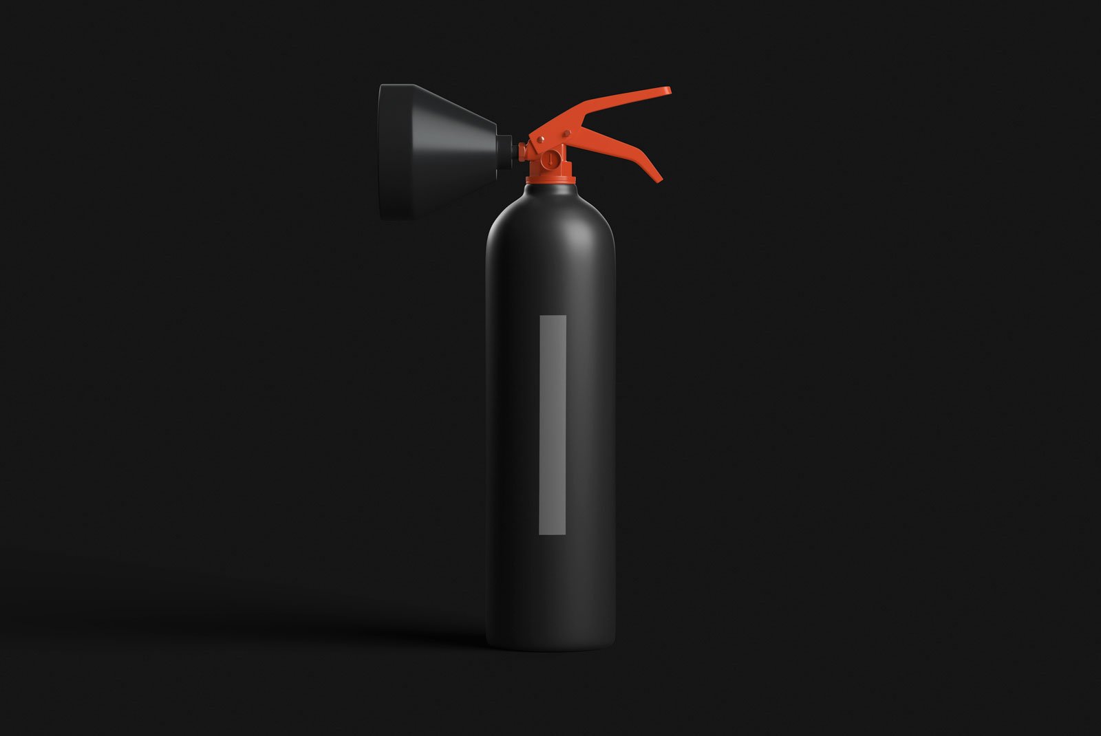 Mockup of a black fire extinguisher with a red handle on a dark background ideal for packaging mockups digital assets for graphic designers.
