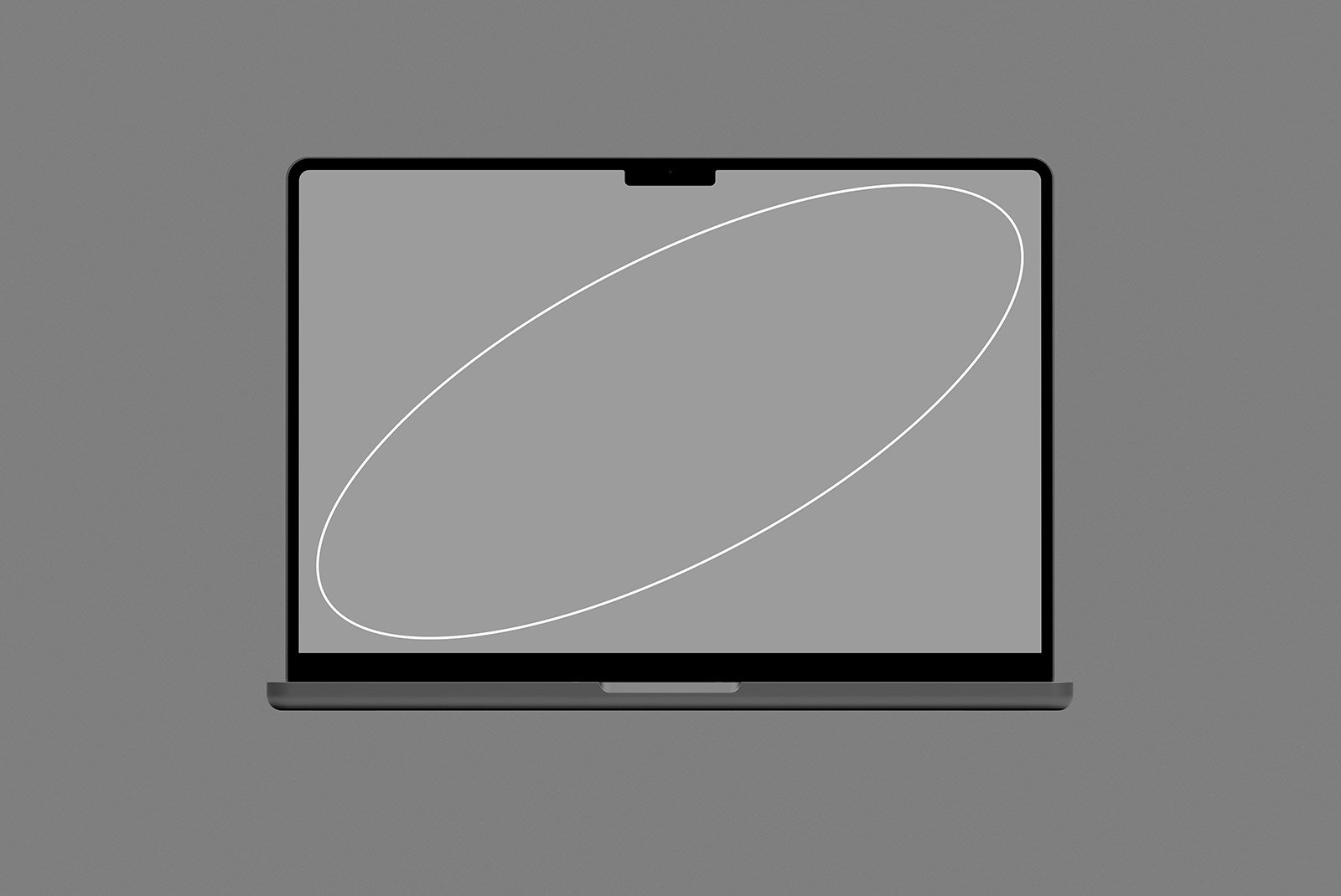 Minimalistic laptop mockup on grey background with abstract oval shape on screen tech mockups digital assets graphic design tools UI UX designers Photoshop effects