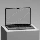 Laptop mockup displayed on a pedestal in a minimalist setting perfect for tech mockups digital assets graphic design SEO packaging marketing Photoshop effects