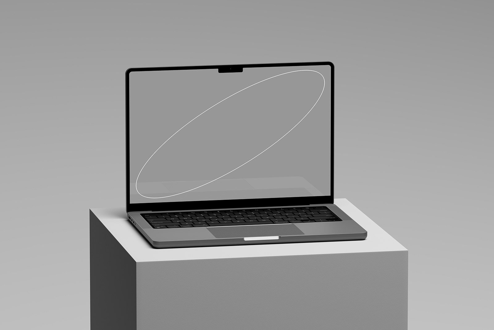 Laptop mockup displayed on a pedestal in a minimalist setting perfect for tech mockups digital assets graphic design SEO packaging marketing Photoshop effects