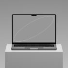 Laptop on a pedestal with blank screen showing oval shape. Perfect for tech mockups, graphic design, digital assets, and Photoshop effects.