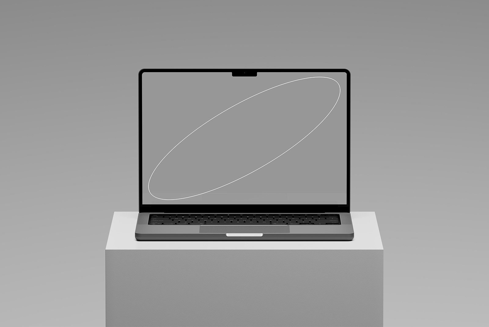 Laptop on a pedestal with blank screen showing oval shape. Perfect for tech mockups, graphic design, digital assets, and Photoshop effects.