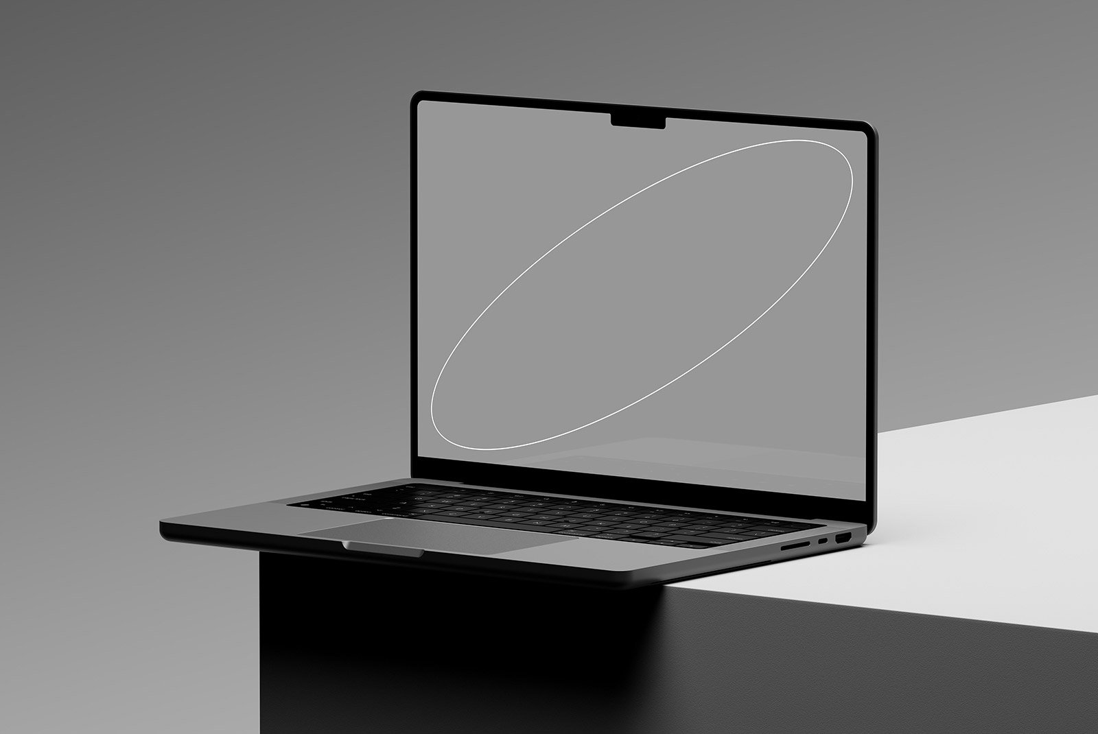High-resolution tech mockup of a sleek laptop with a blank screen on a minimalistic desk perfect for graphic designers digital assets print mockup resources