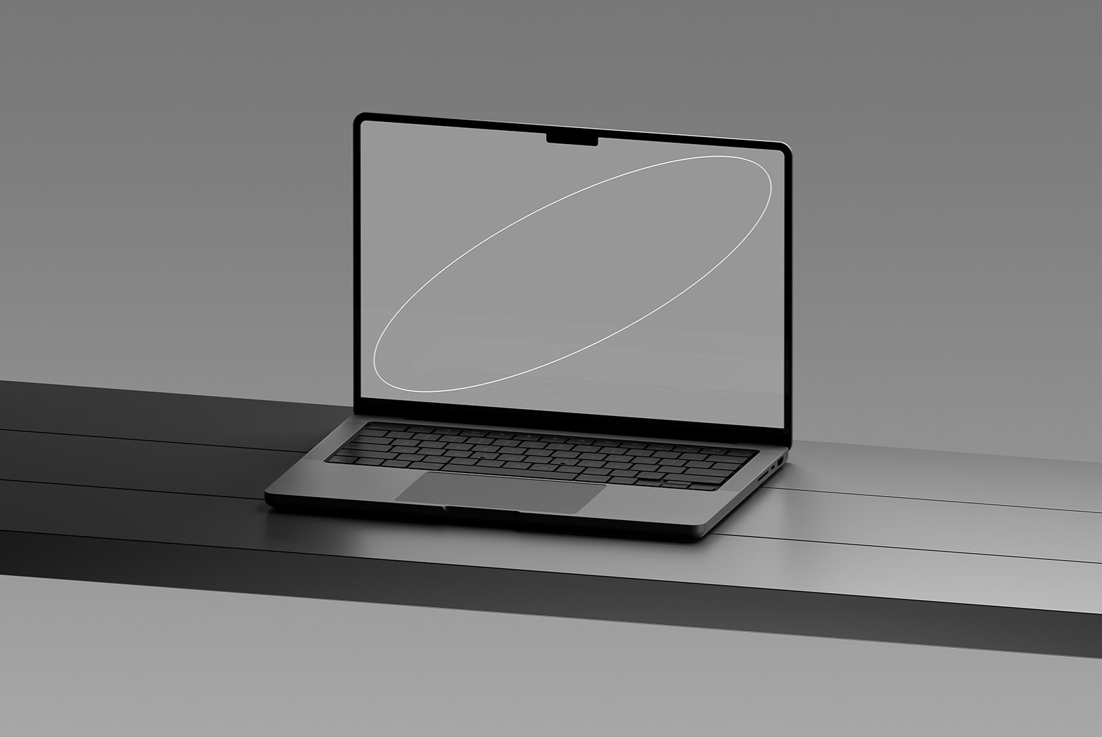 Tech mockup for graphic designers featuring a sleek laptop with a blank screen perfect for showcasing digital designs and web layouts on a modern gray background