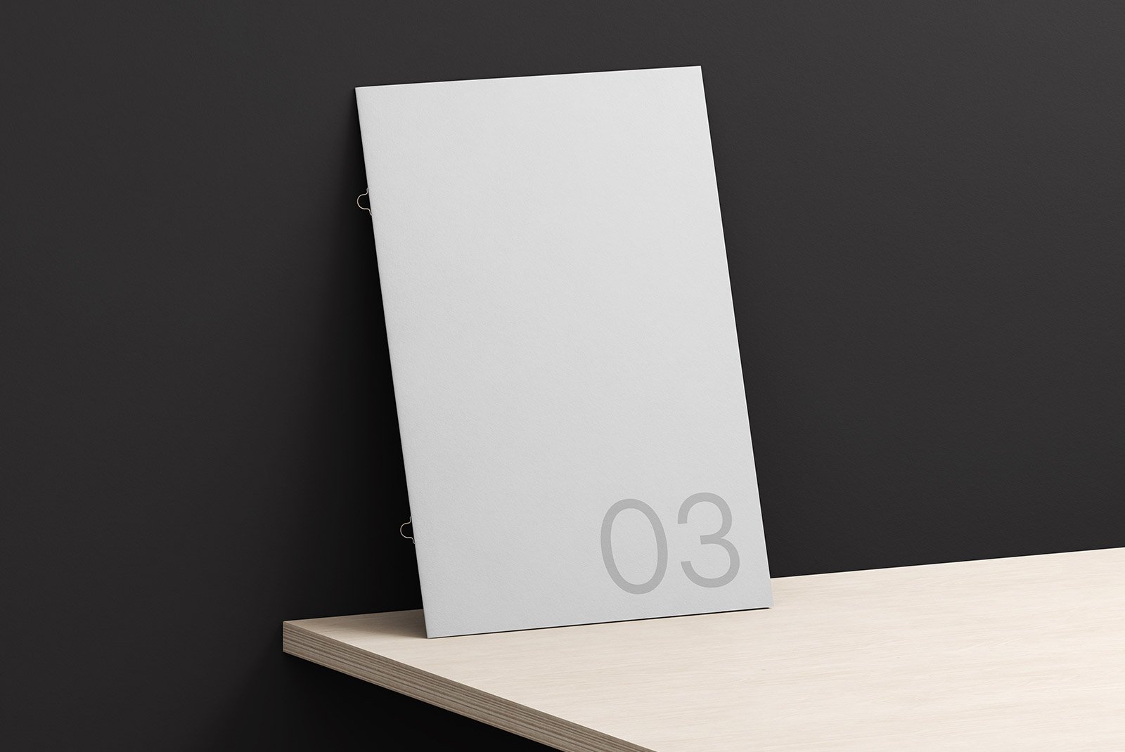 A minimalist print mockup featuring a sleek white book cover with the number 03, against a black and white background, suitable for graphic design projects.