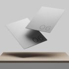 Floating sheet mockups with minimalistic number 06 design, ideal for graphic designers creating print mockups. Perfect for showcasing layouts or cover designs.