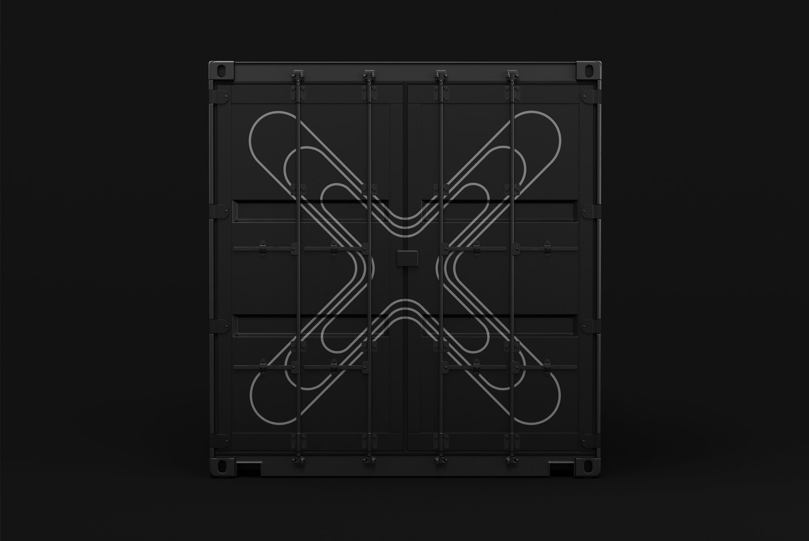 3D render of a black cargo container with sleek graphic design. Suitable for packaging mockups and Photoshop effects available for graphic designers.