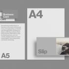 Collection of print mockups including A4 and A5 cards, business cards, and slip showcasing minimalist design with grey backgrounds for graphic designers.