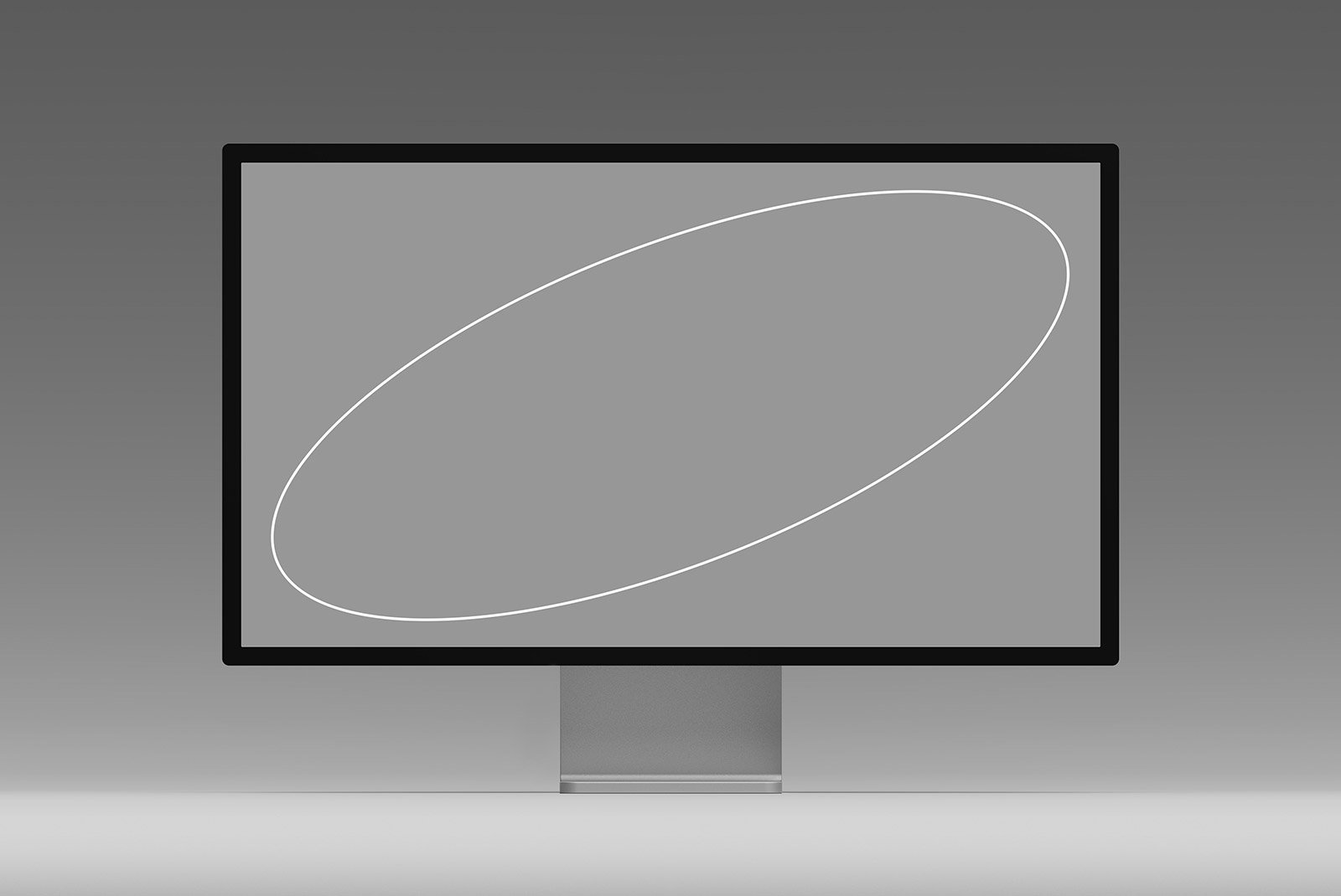 Computer monitor mockup featuring a minimalistic gray background with a white oval outline ideal for showcasing digital designs and tech mockups for graphic designers