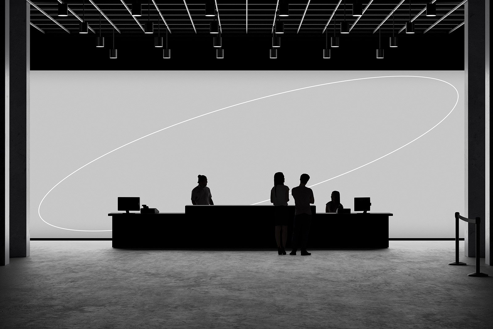 Silhouette of people at a modern reception desk with computers. Ideal for tech mockups, graphics, and photoshop effects. Minimalist, professional setting.