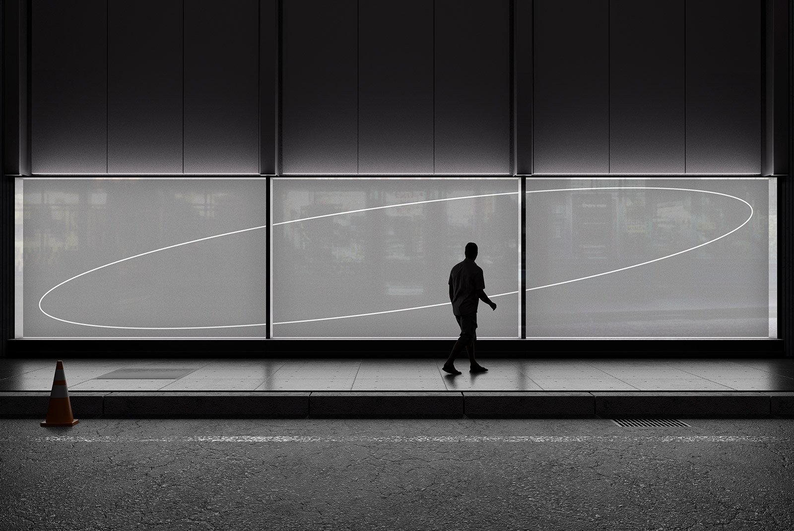 Billboard mockup showing a man walking past a large illuminated display on a city sidewalk for graphic designers digital assets store and outdoor advertising