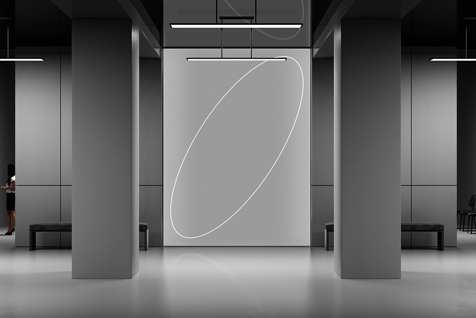 Modern office interior with minimalist design featuring gray walls, columns, benches, and sleek lighting. Suitable for tech mockups, commercial graphic use.