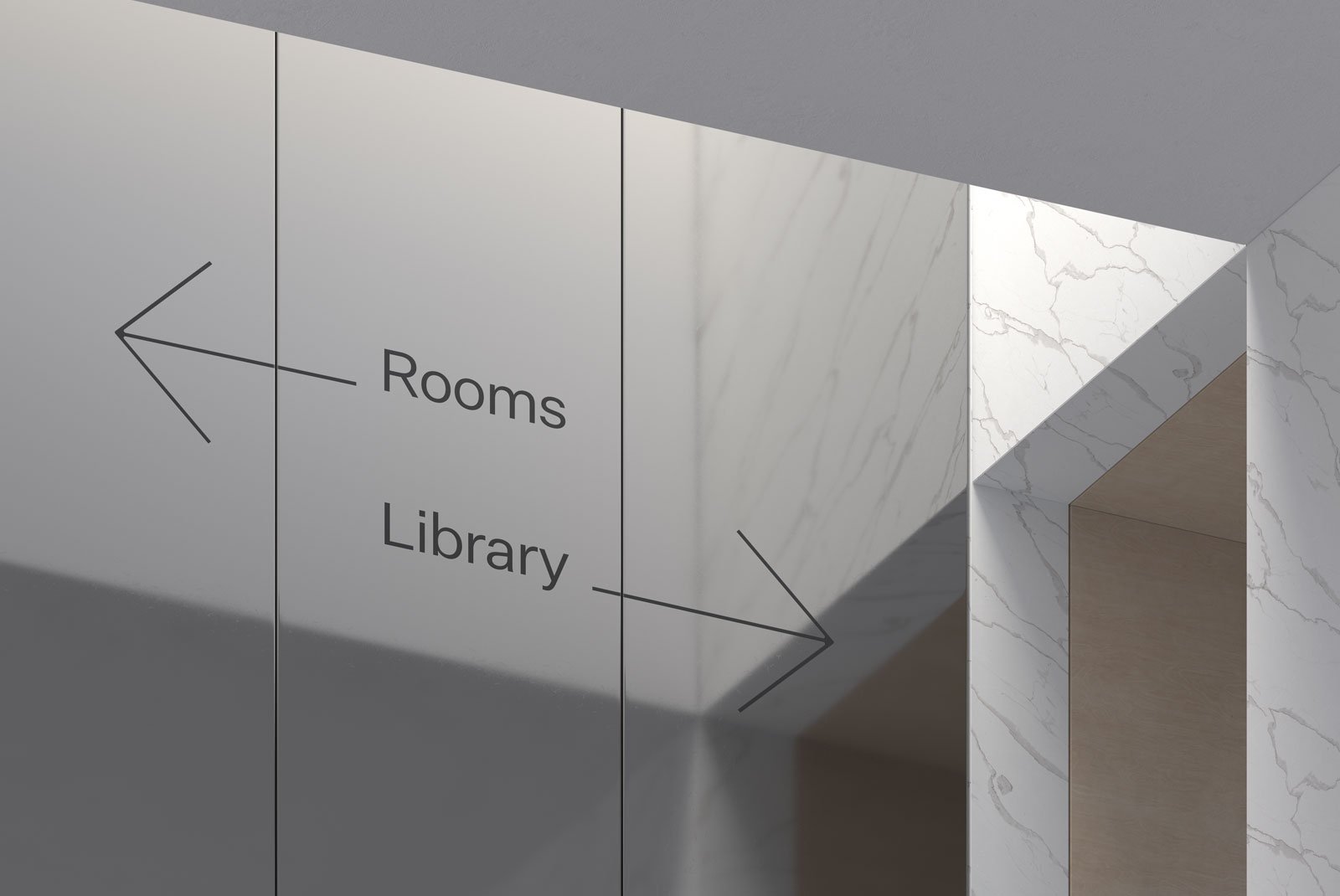 Modern interior signage with arrows pointing to rooms and library. Minimalist design mockup, ideal for graphic designers seeking print or billboard mockups.