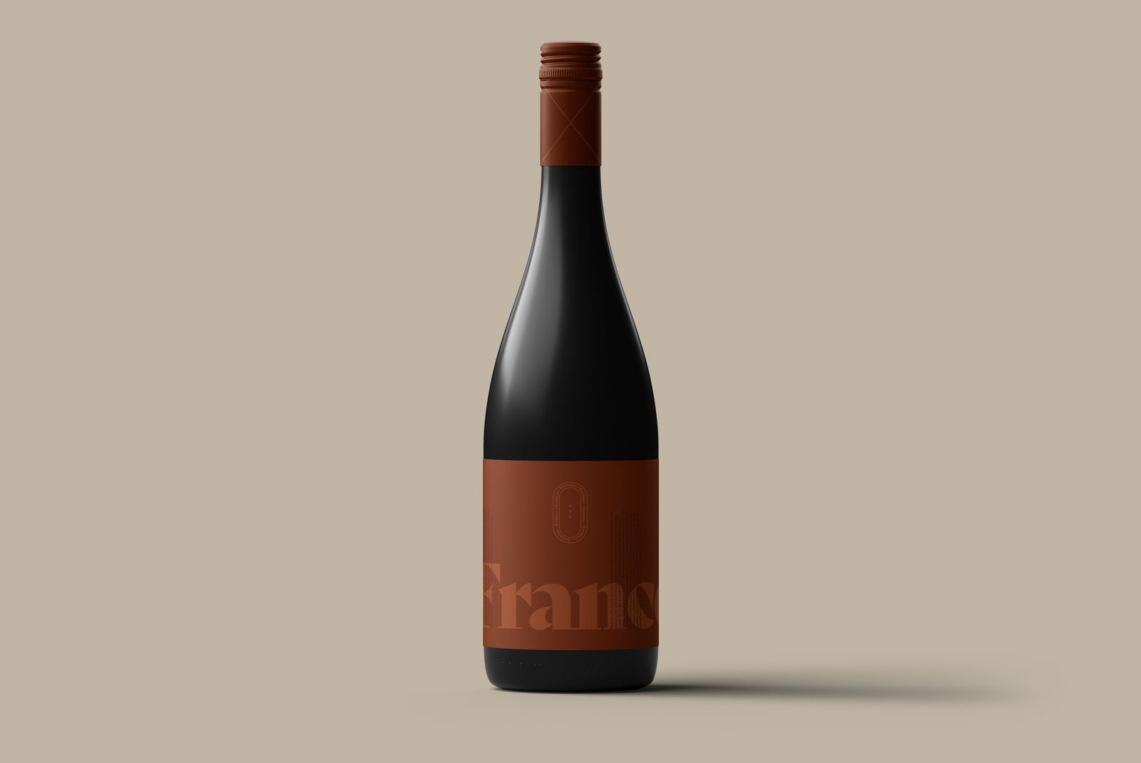 Wine bottle packaging mockup with minimalistic brown label and black top standing on neutral background. Ideal for graphic design, packaging mockups, and branding.