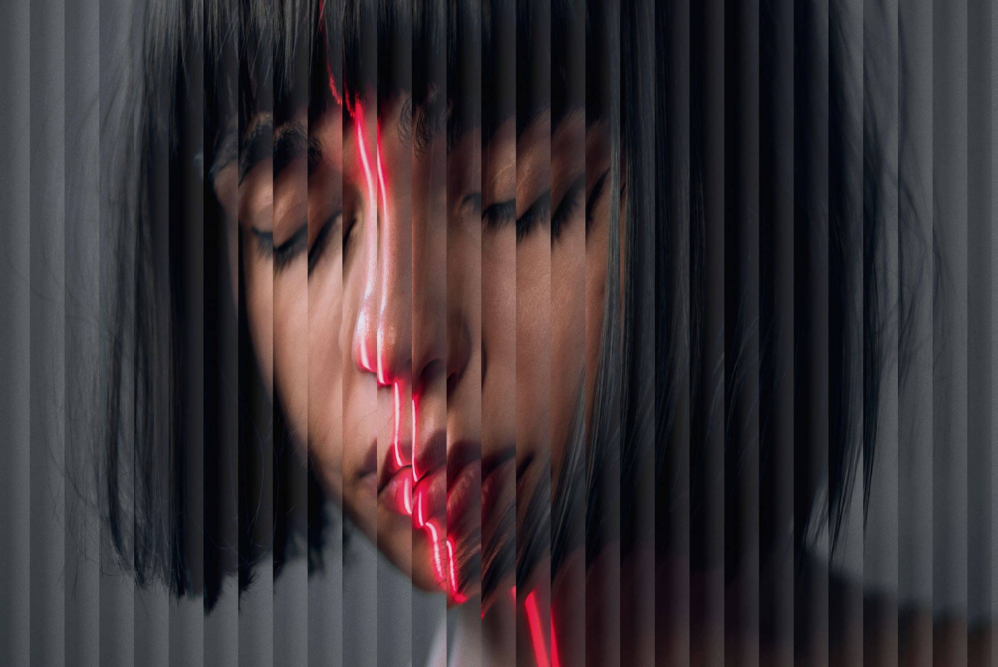 Image of a person with artistic distortion effect red neon lines on face reflecting Photoshop effects digital asset for graphic designers creative projects