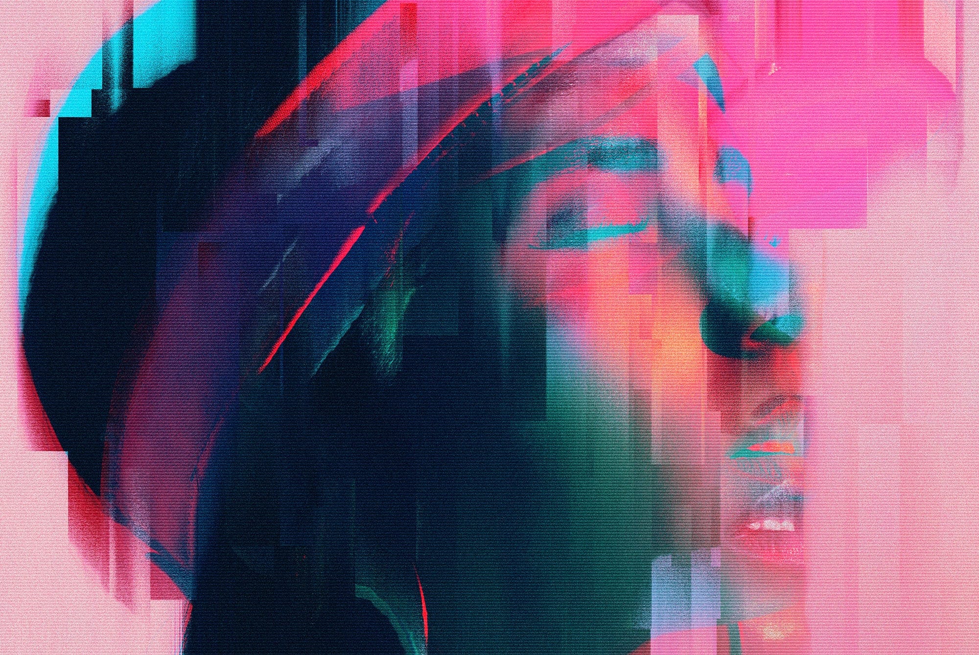 Abstract digital artwork with vibrant colors and glitch effects showing a person's face suitable for graphics and Photoshop effects categories for designers.