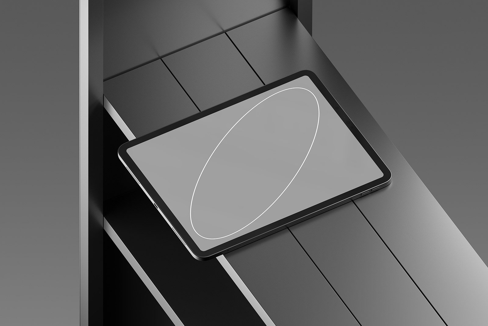 Tablet on a black stand for tech mockups featuring sleek design perfect for graphic designers ideal for presenting digital assets efficiently