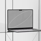 Laptop mockup on a metallic shelf with a modern abstract screen design, ideal for showcasing tech products. Perfect for graphic designers seeking tech mockups.