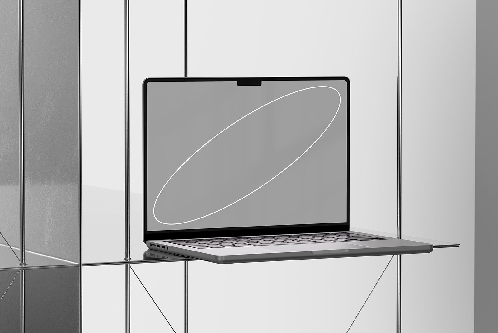 Laptop mockup on a metallic shelf with a modern abstract screen design, ideal for showcasing tech products. Perfect for graphic designers seeking tech mockups.