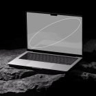 Laptop Tech Mockup displayed on a rocky surface in dark setting ideal for showcasing website designs digital assets for graphic designers SEO optimized mockup