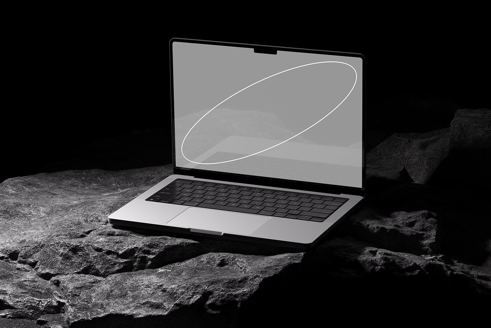 Laptop Tech Mockup displayed on a rocky surface in dark setting ideal for showcasing website designs digital assets for graphic designers SEO optimized mockup