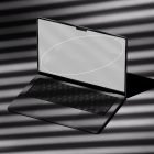 Mockup of a sleek open laptop on a shadowed surface with striped light effect. Ideal for showcasing tech mockups, digital assets, and graphic design templates.