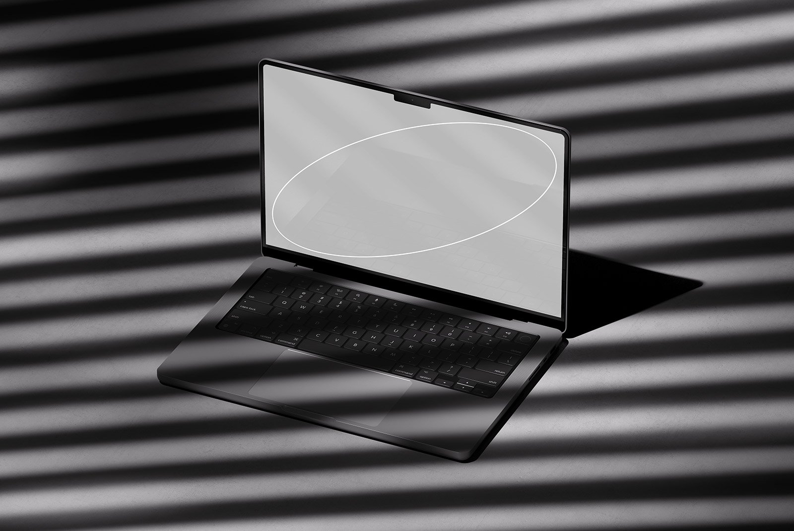 Mockup of a sleek open laptop on a shadowed surface with striped light effect. Ideal for showcasing tech mockups, digital assets, and graphic design templates.