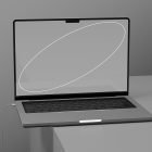 Realistic tech mockup featuring a modern laptop with a blank screen on a minimalist desk perfect for graphic designers and digital asset presentations.