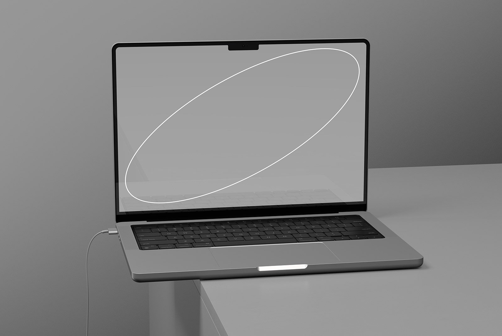 Realistic tech mockup featuring a modern laptop with a blank screen on a minimalist desk perfect for graphic designers and digital asset presentations.
