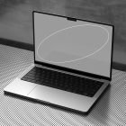 Open laptop mockup on a perforated metal surface showcasing a tech mockup suitable for graphic designers to use in digital assets, product presentations.
