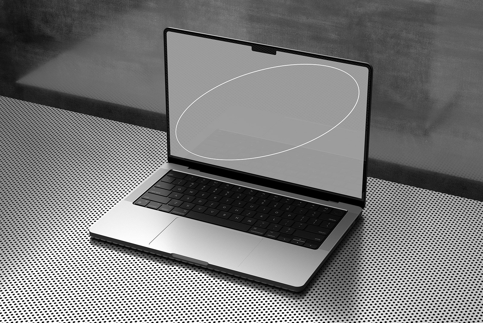 Open laptop mockup on a perforated metal surface showcasing a tech mockup suitable for graphic designers to use in digital assets, product presentations.