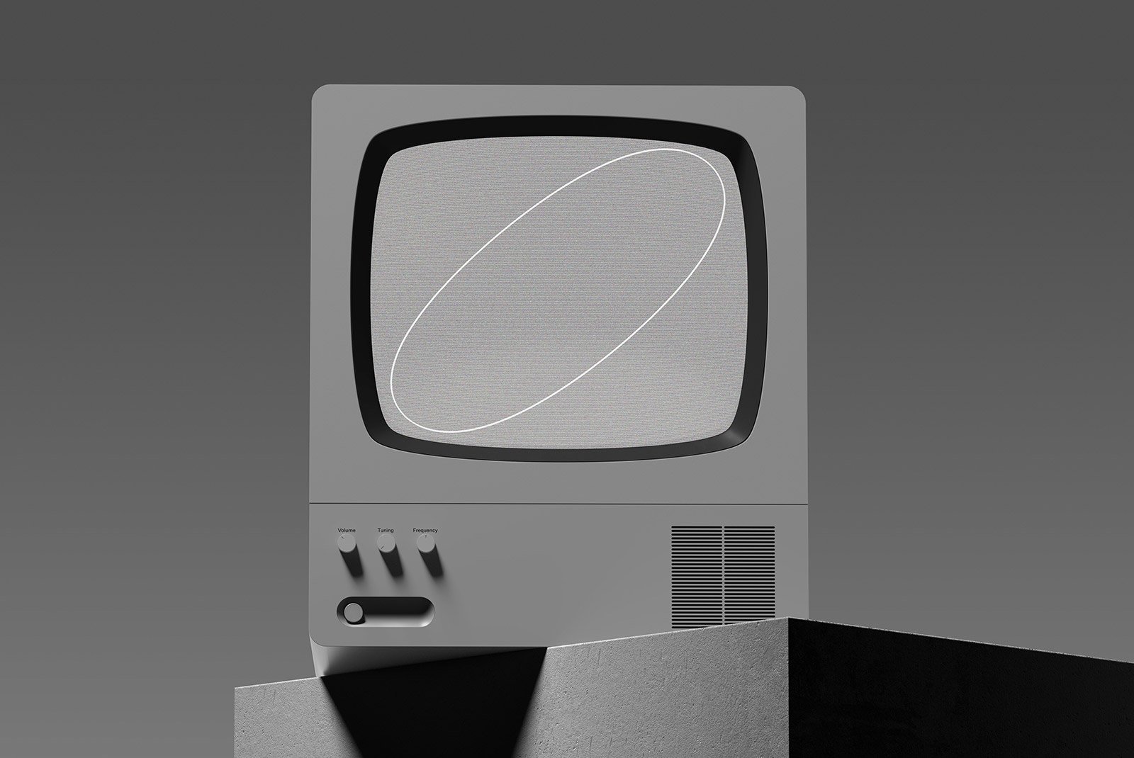 Black and white vintage TV mockup on gray background perfect for digital assets and tech mockups targeting graphic designers in various design projects.