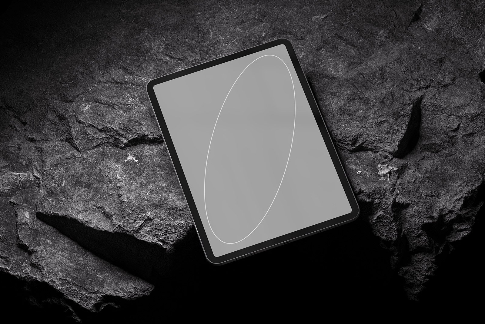 Digital tablet mockup on rocky surface ideal for tech mockups showcasing apps websites UI design important for graphic designers and digital asset stores
