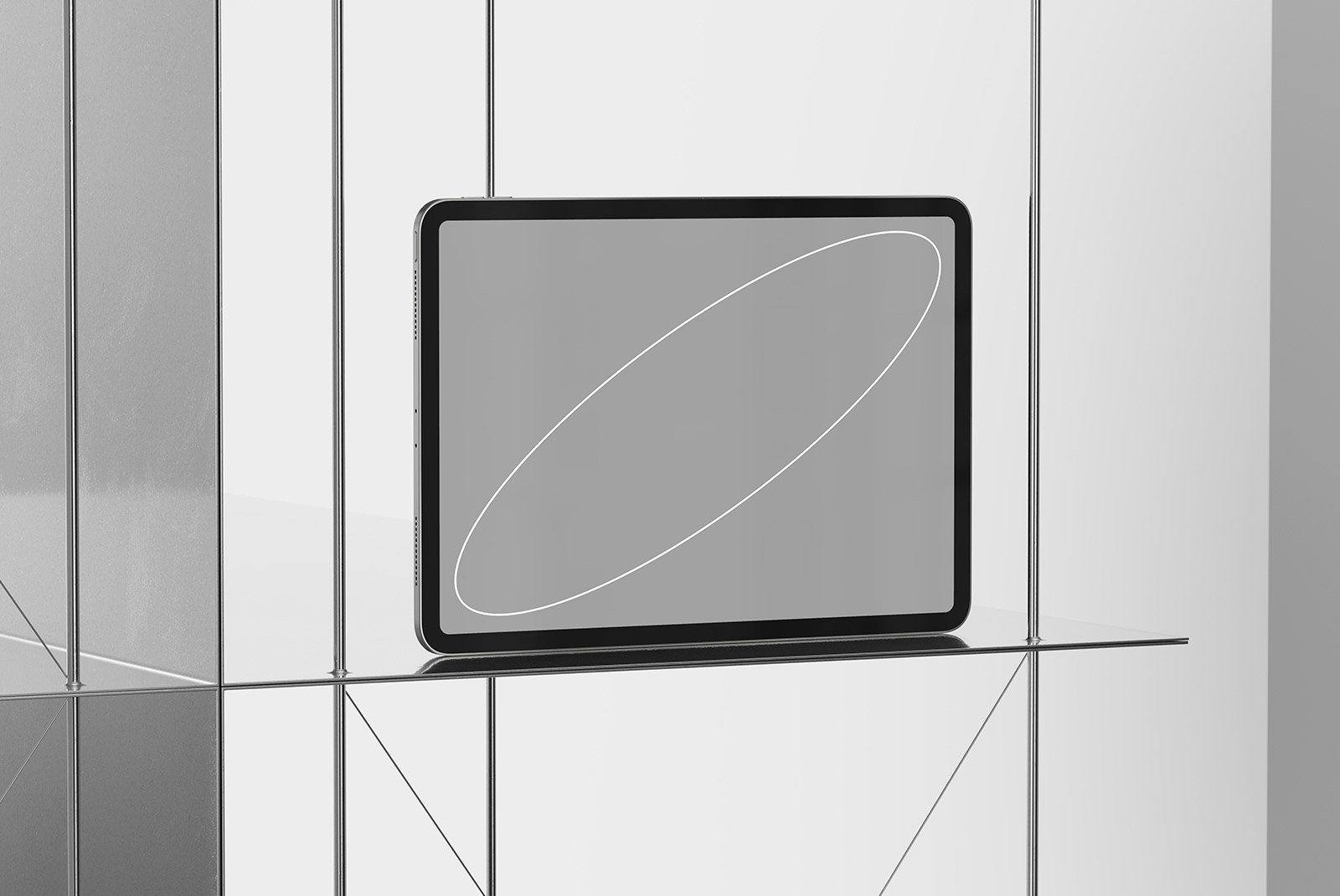 Digital tablet mockup on a modern metal shelf perfect for showcasing website or app designs graphic design tech mockup for digital assets store.