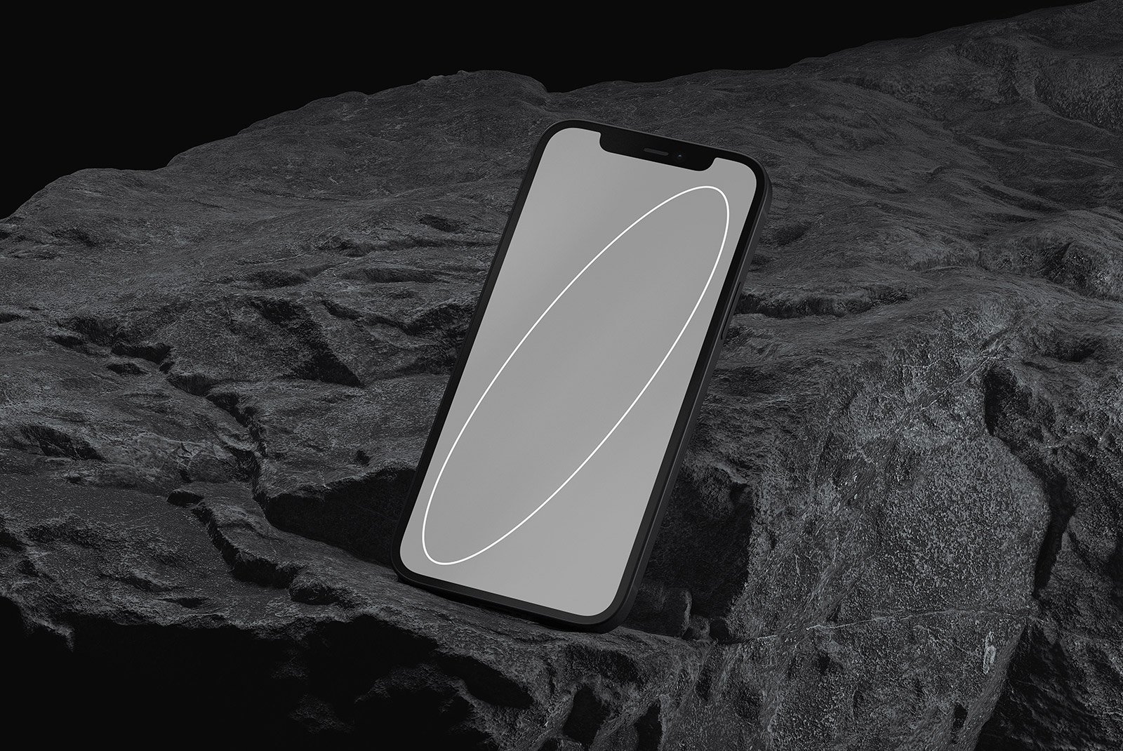 Smartphone mockup on rugged rock surface perfect for tech mockups themes digital assets for graphic designers phone presentation realistic showcase.