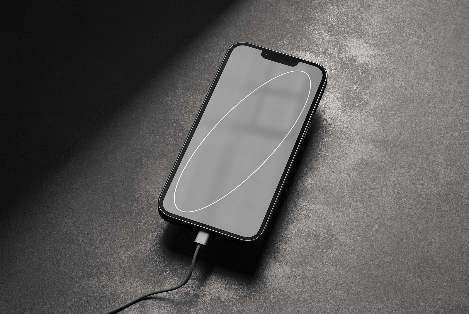 Tech mockup showcasing a smartphone with a blank screen and charging cable on a dark textured surface; ideal for graphic designers and digital asset creators.