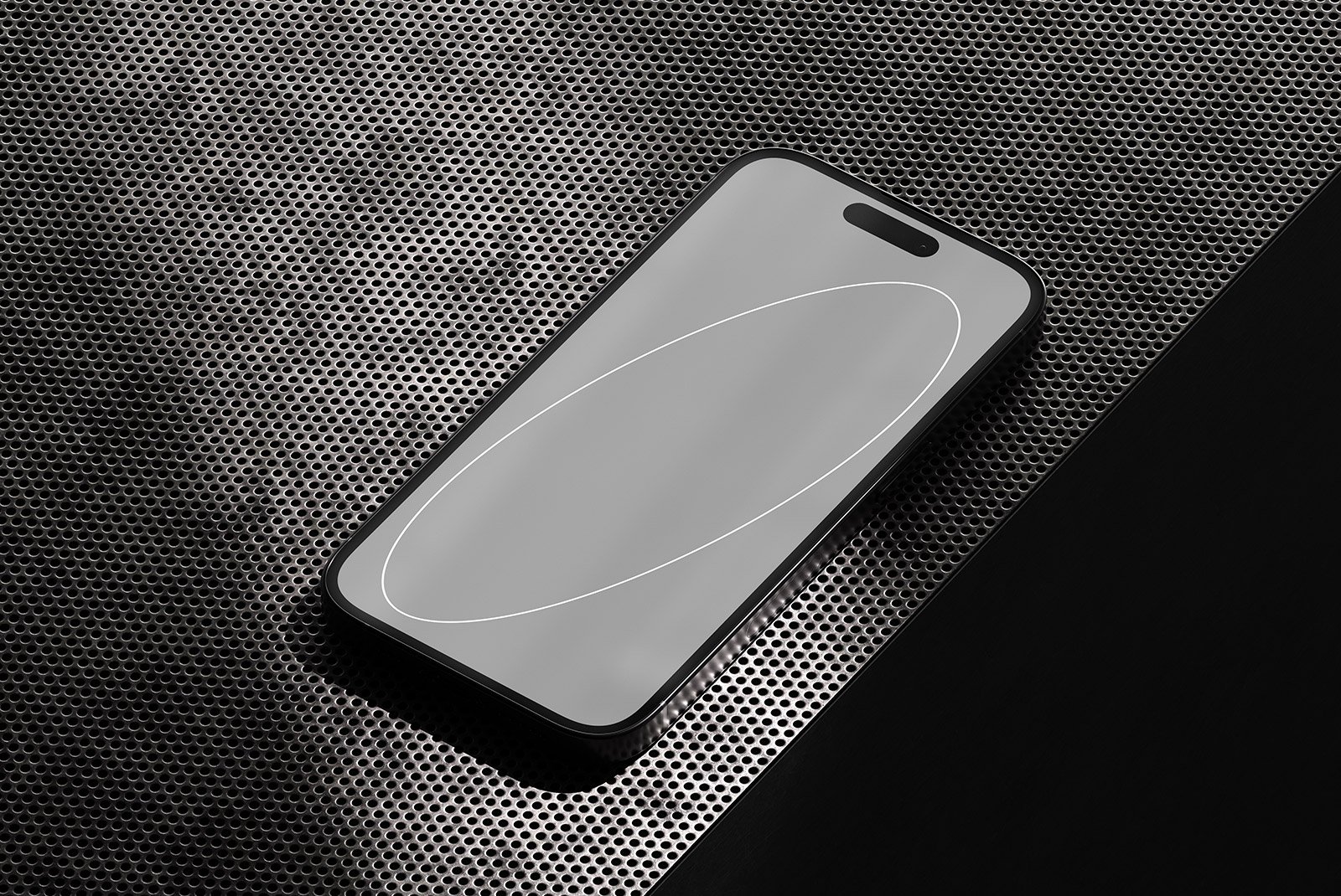 Tech mockup: sleek smartphone with blank screen on a perforated metallic surface. Ideal for graphic designers to showcase mobile app or website designs.