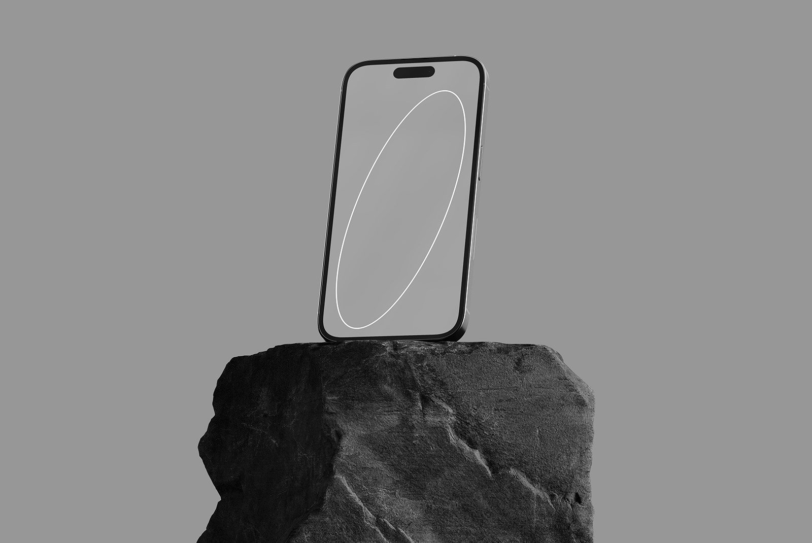Smartphone mockup on a rock pedestal with gray background. Ideal for tech mockups digital asset store graphic designers showcasing phone screens and apps.