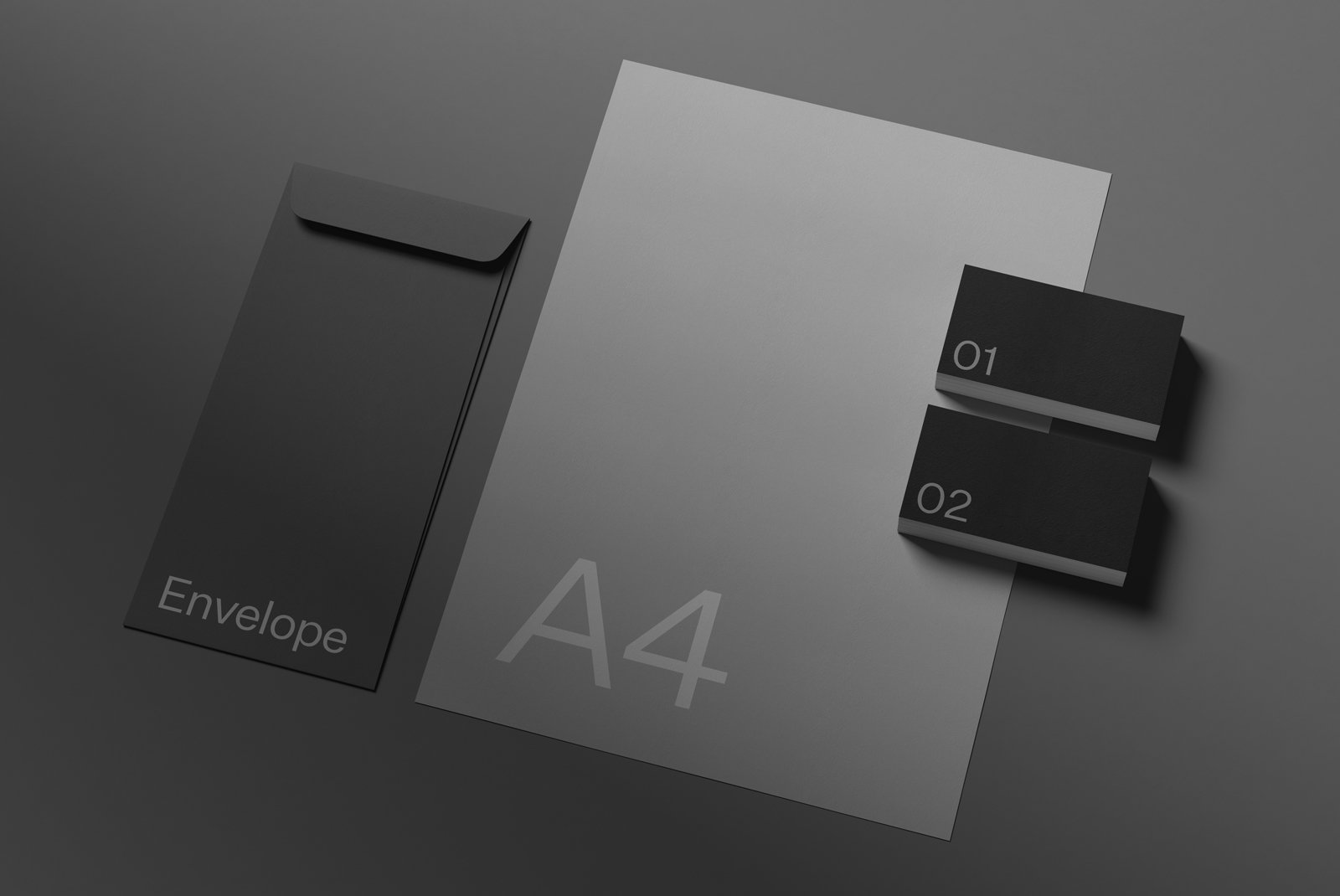 Dark-themed print mockup featuring an envelope, A4 paper, and two business cards with numbers. Ideal for graphic designers for previewing print designs.